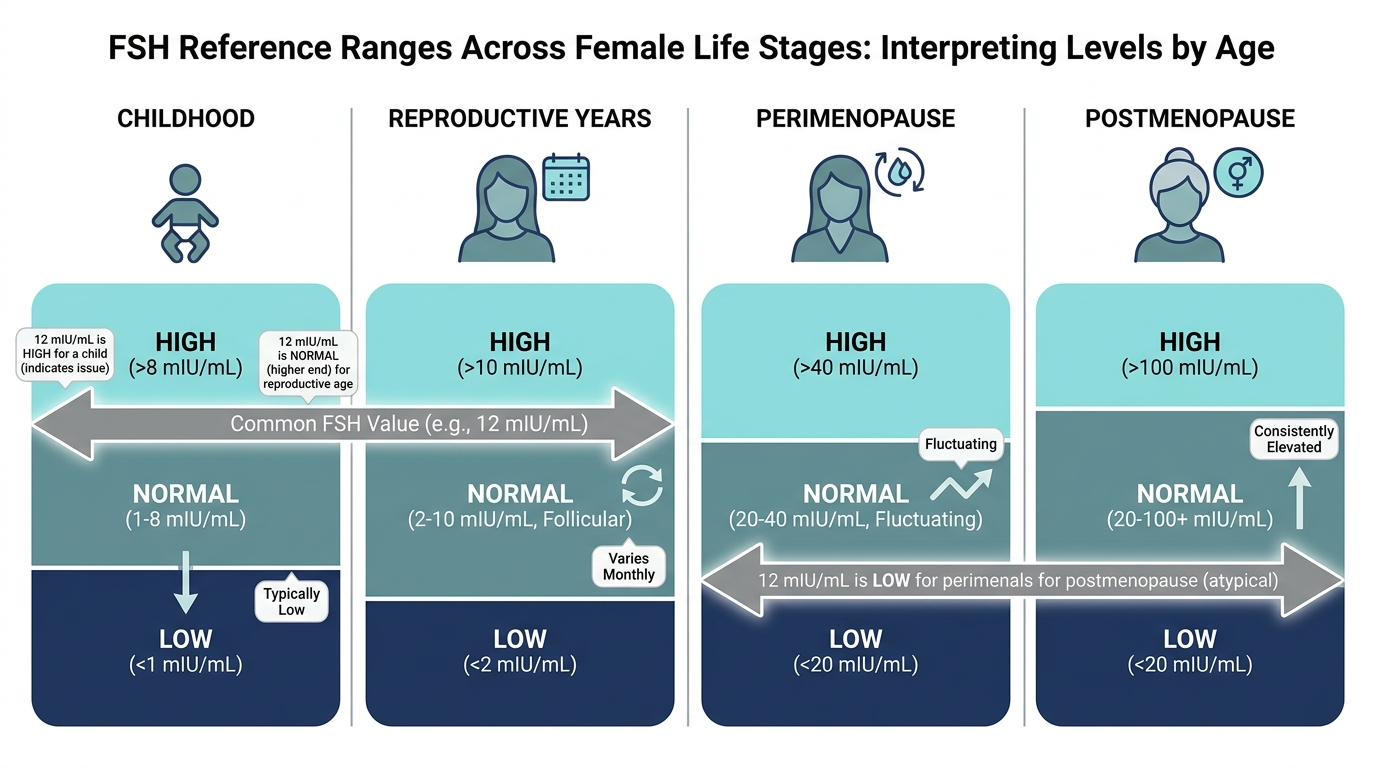 Schematic chart of FSH reference ranges across childhood, reproductive years, and menopause