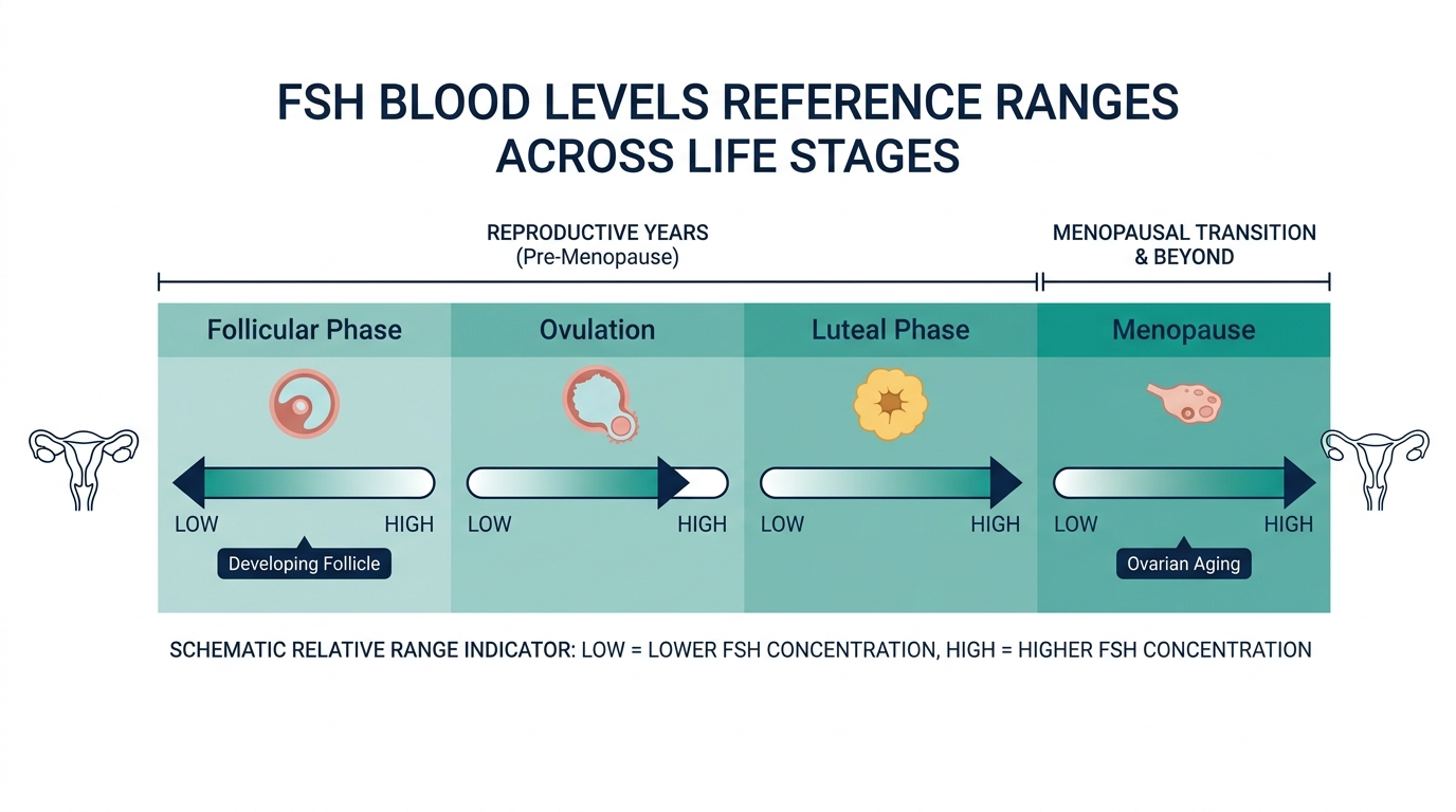 Schematic chart of FSH reference range bands across follicular phase, ovulation, luteal phase, and menopause