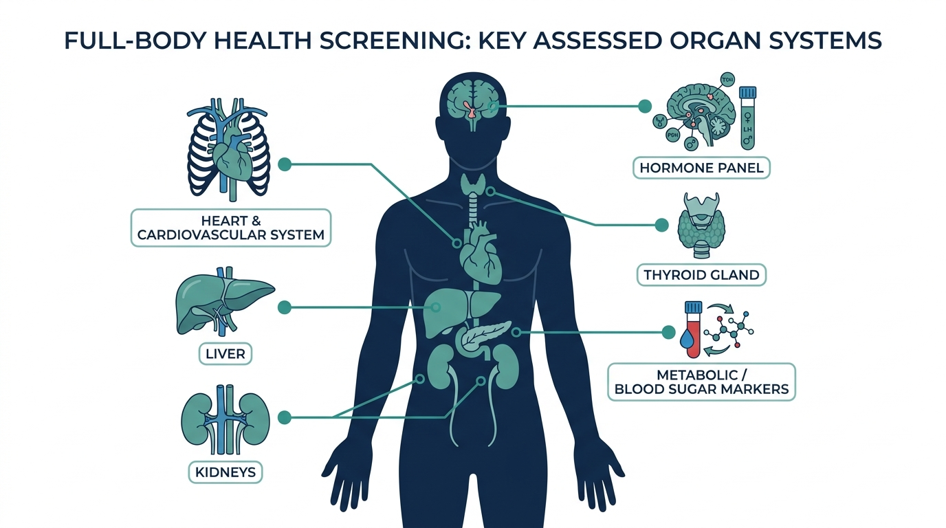 Body silhouette diagram labeling organ systems assessed in a full-body health screening: heart, liver, kidneys, thyroid, metabolic markers, hormones