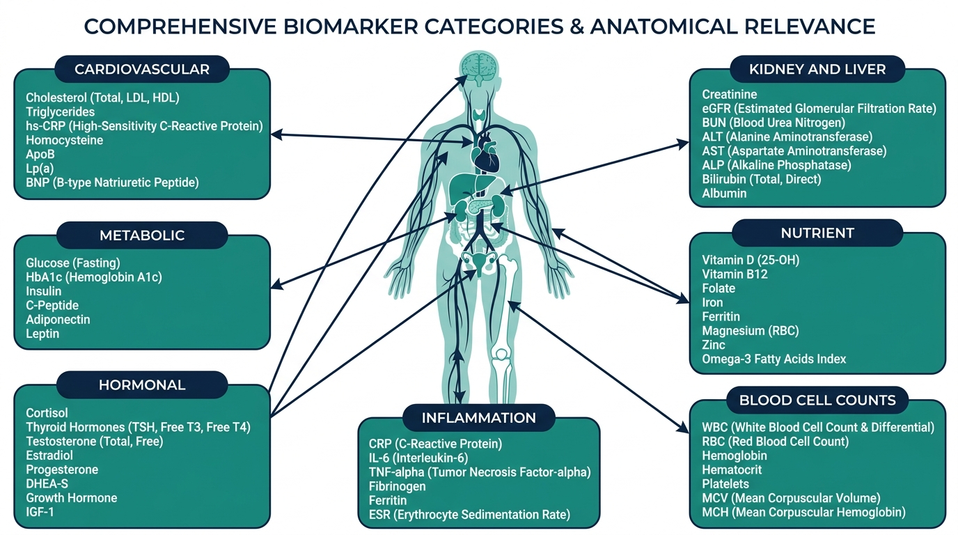 Full-body diagram grouping 100+ biomarkers by category: cardiovascular, metabolic, hormonal, inflammation, kidney, liver, nutrient, blood cells