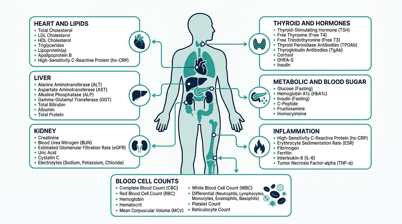 Body diagram grouping blood biomarker categories by organ system: heart, liver, kidney, thyroid, metabolic, inflammation, blood cells