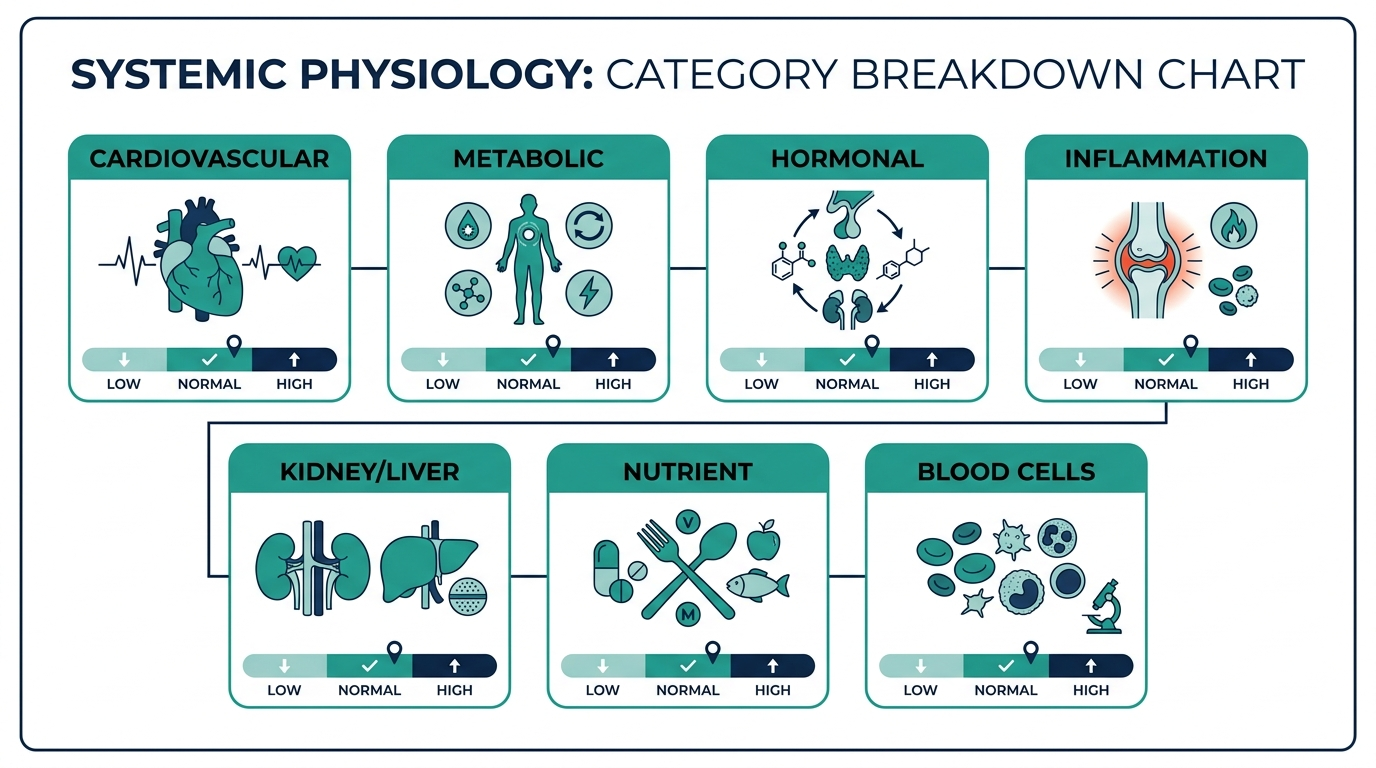 Category-breakdown chart of biomarker groups with example low, normal, high reference bars