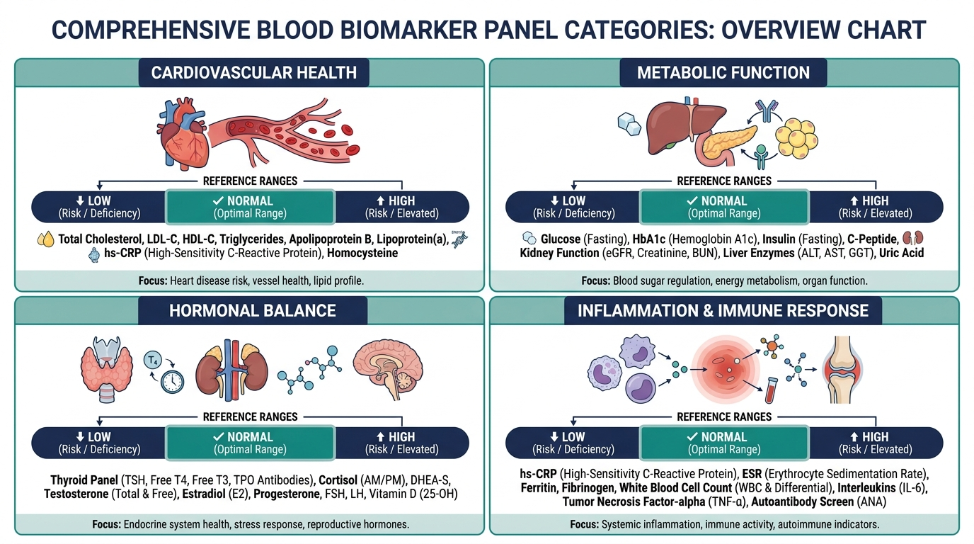 Overview chart of major blood biomarker panel categories with low, normal, and high reference bands