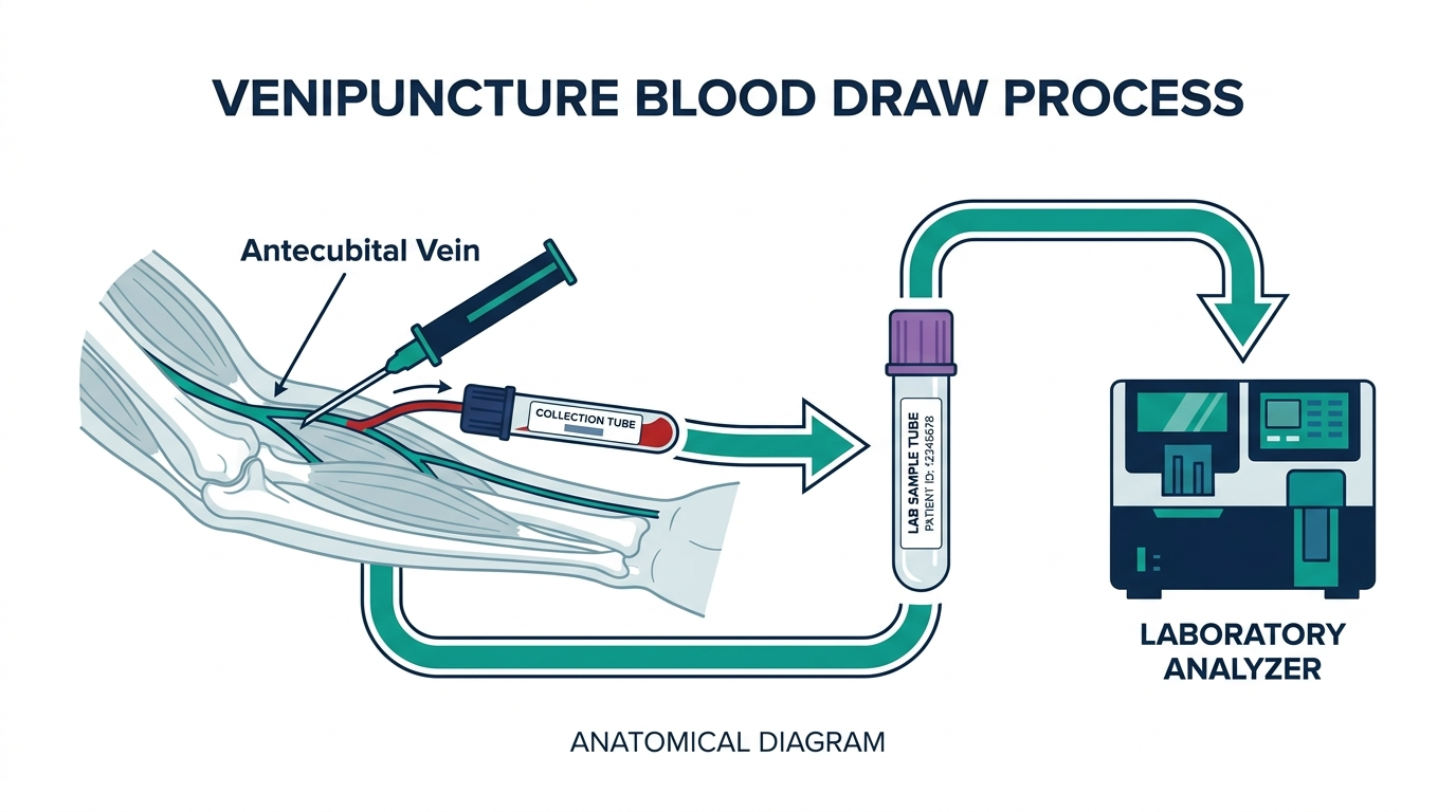 Diagram of the blood draw process from vein to lab analysis
