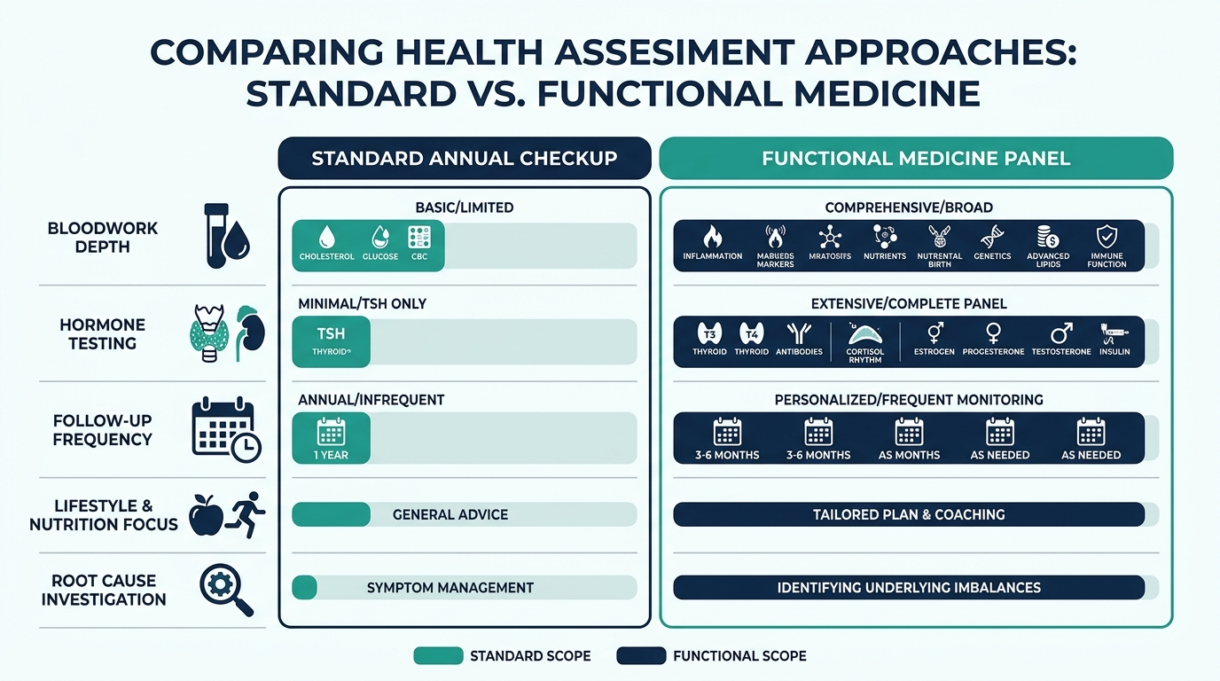Comparison chart of a standard annual checkup versus a functional medicine panel across bloodwork depth and follow-up frequency