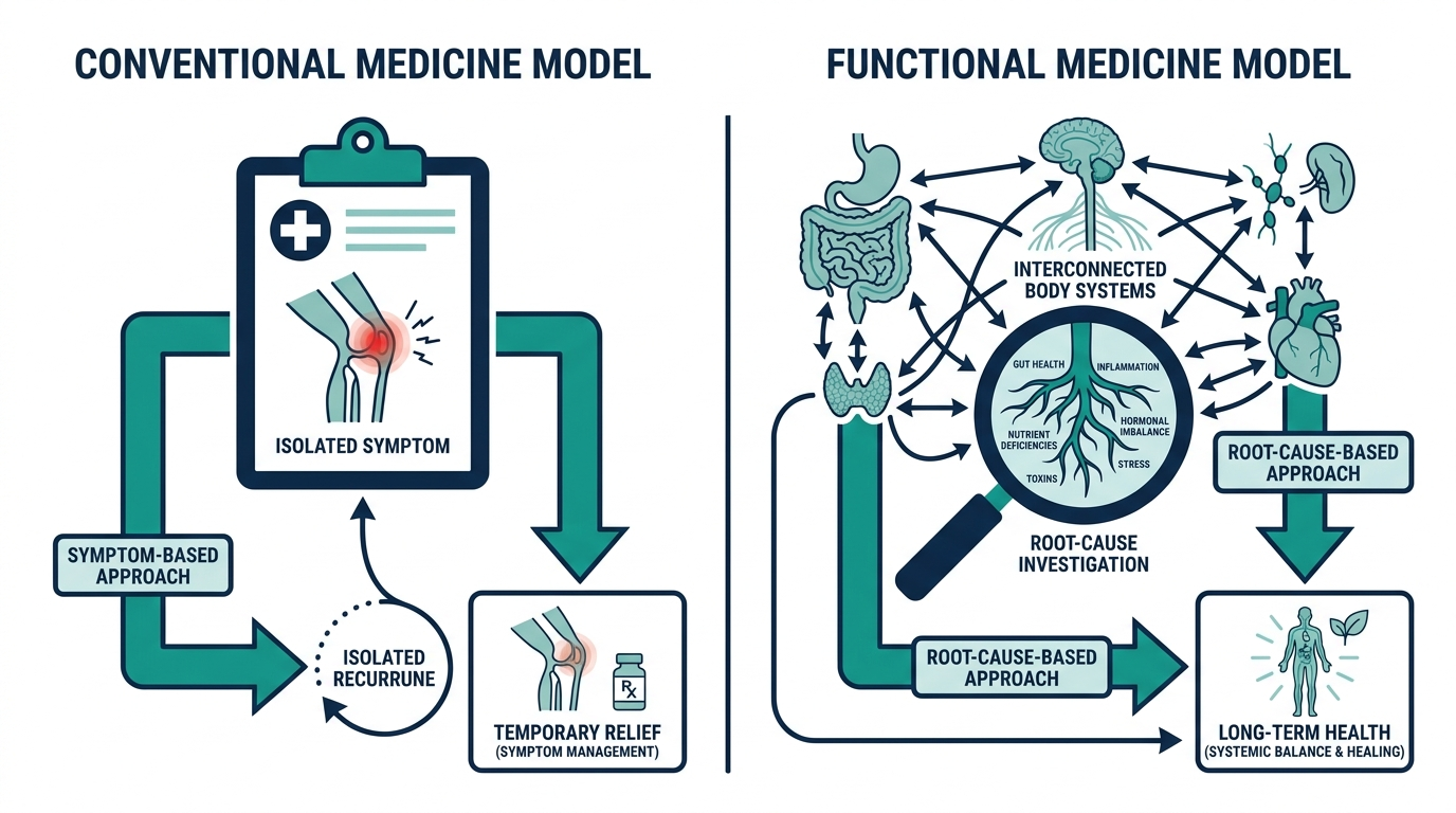 Diagram contrasting the conventional symptom-based medicine model with the functional root-cause medicine model