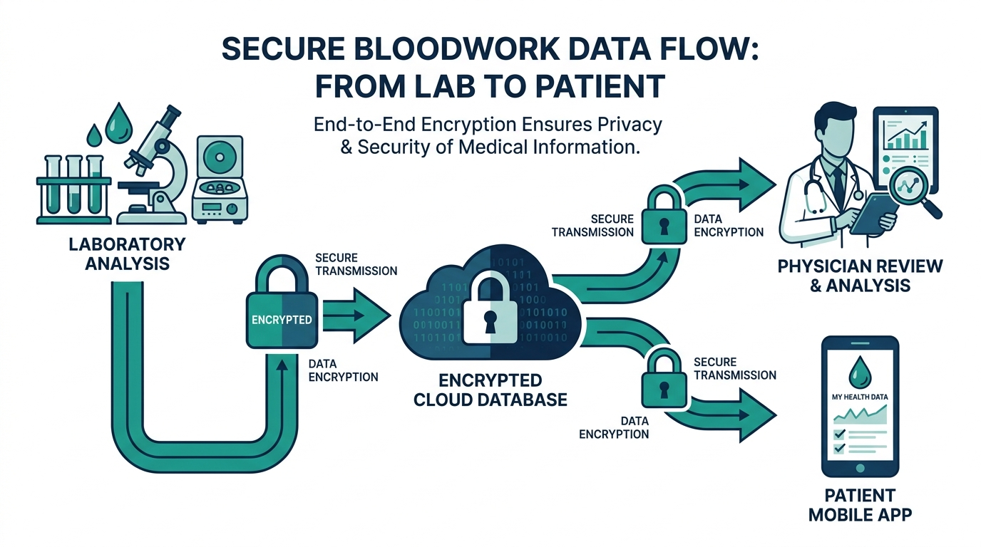 Data flow diagram showing bloodwork data moving from lab to encrypted database to physician to patient app