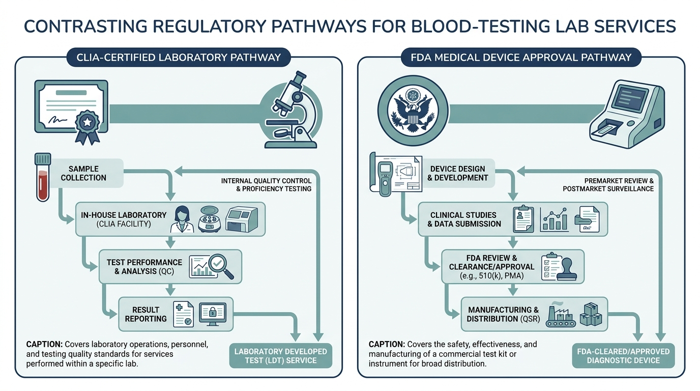 Diagram contrasting CLIA lab certification pathway with FDA medical device approval pathway
