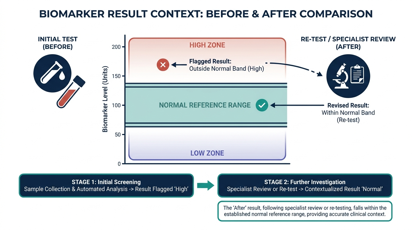 Chart showing a flagged high biomarker result compared against a specialist-reviewed retest result