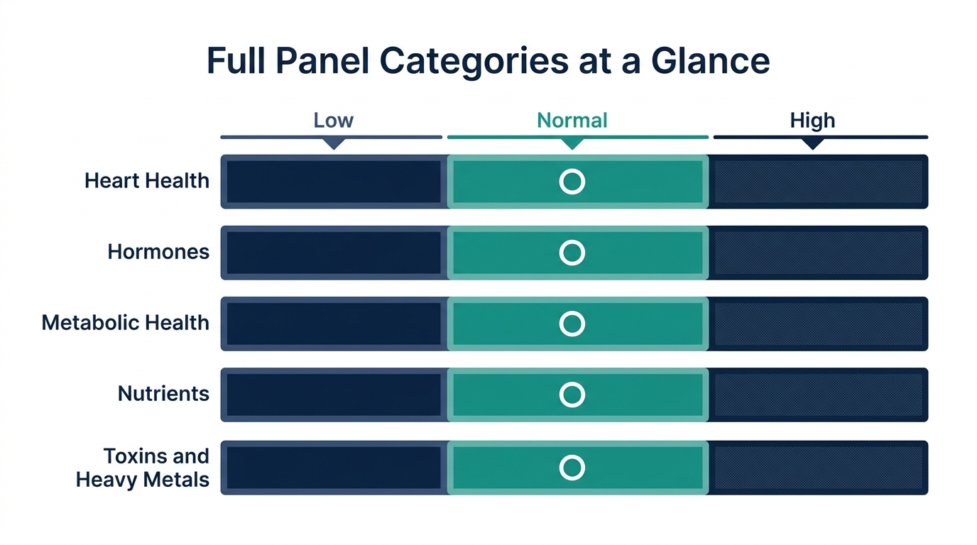Schematic chart showing low, normal, and high bands for heart health, hormones, metabolic health, nutrients, and toxins categories