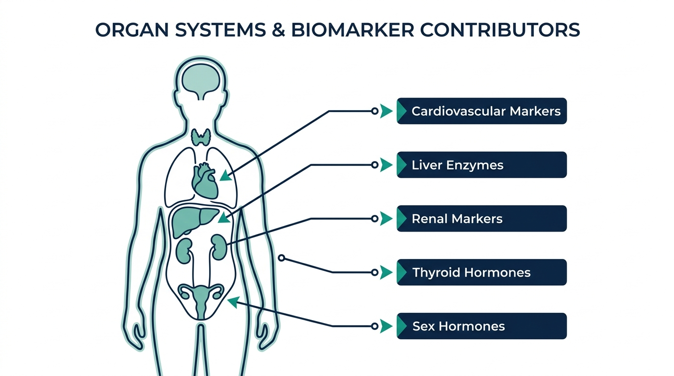 Anatomical body outline with callouts to heart, liver, kidneys, thyroid, and reproductive organs labeled with the marker categories each contributes