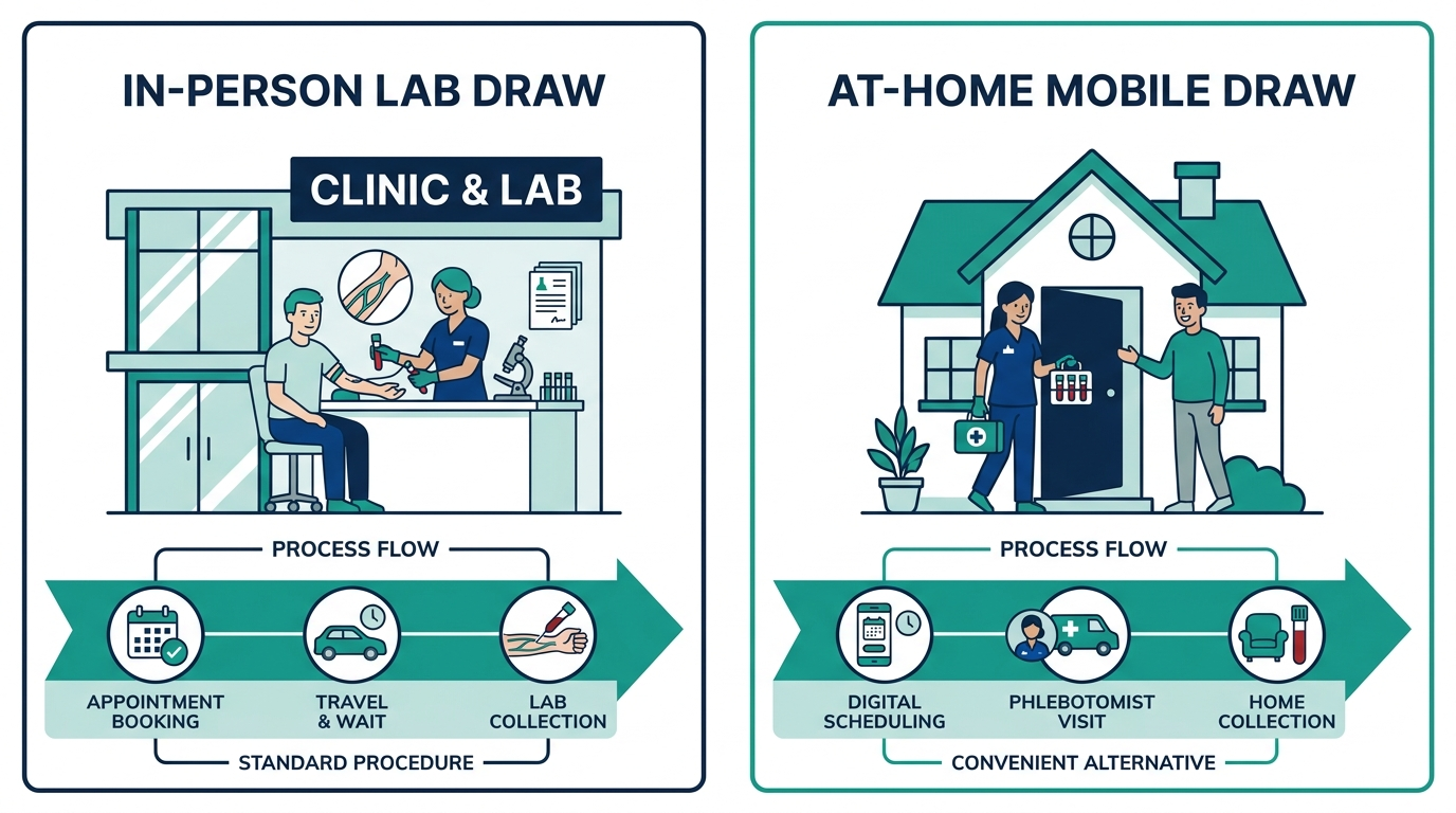 Diagram comparing in-person lab blood draw versus at-home mobile phlebotomy draw