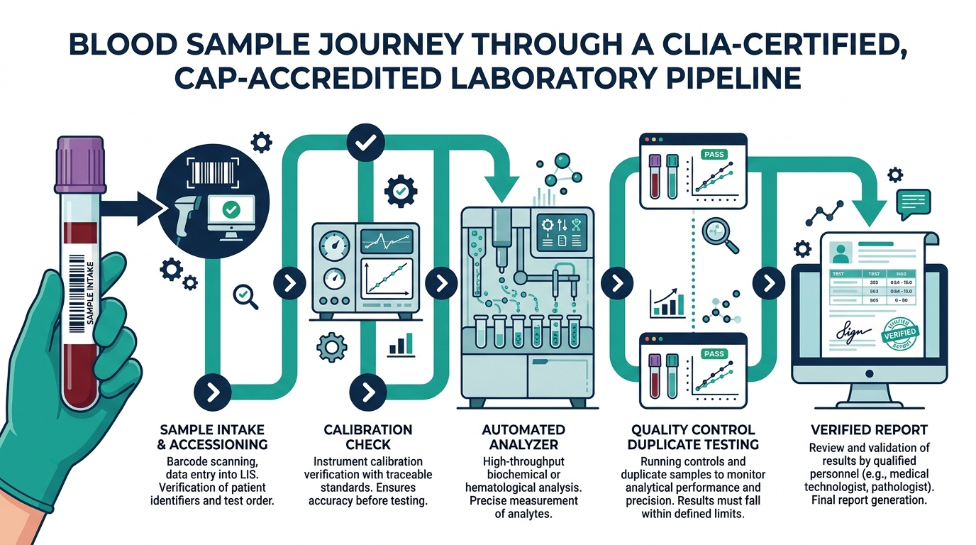 Diagram of a blood sample moving through a CLIA-certified accredited lab pipeline with quality control checkpoints