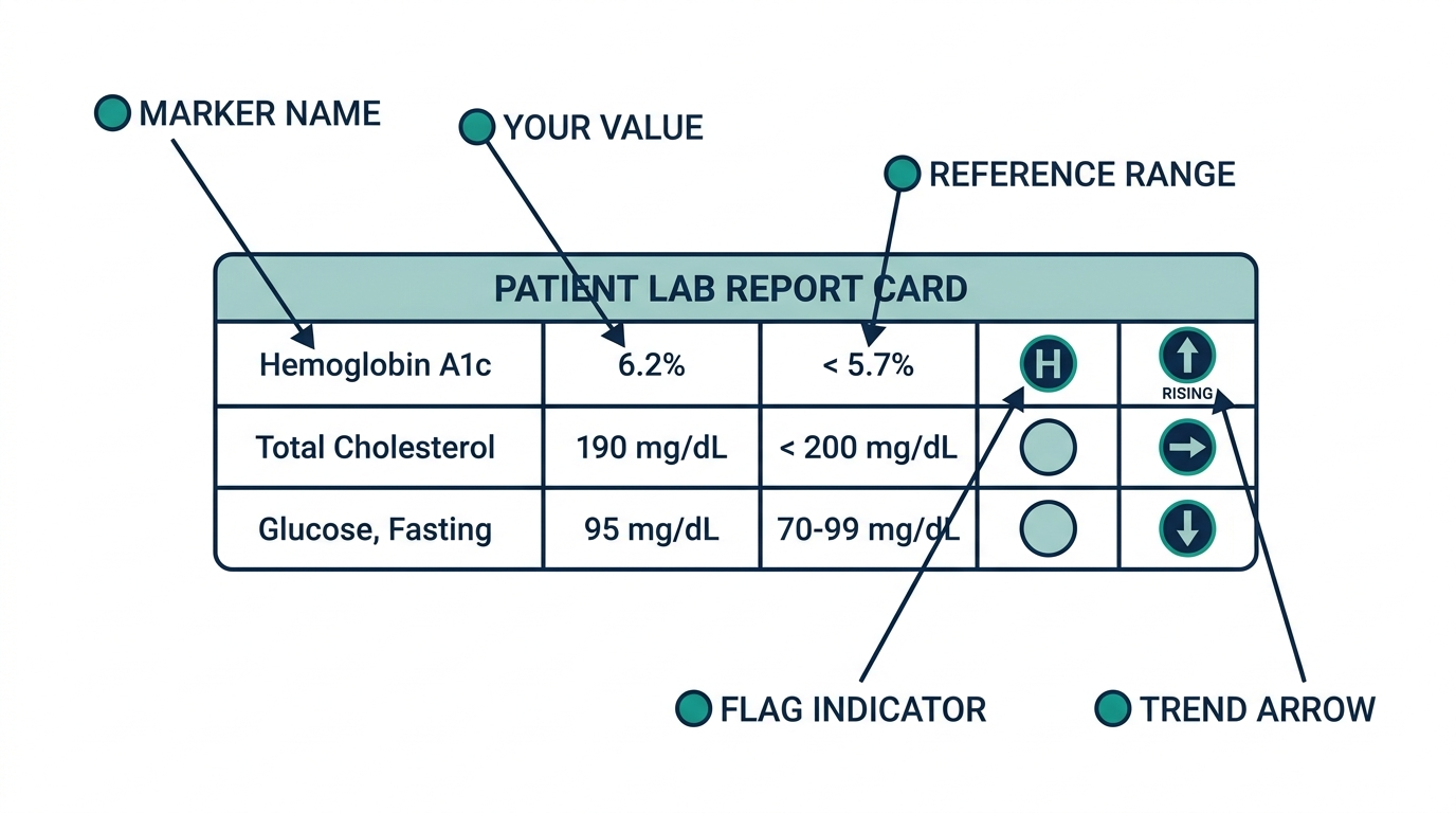 Anatomy diagram of a lab report showing marker name, value, reference range, flag indicator, and trend arrow
