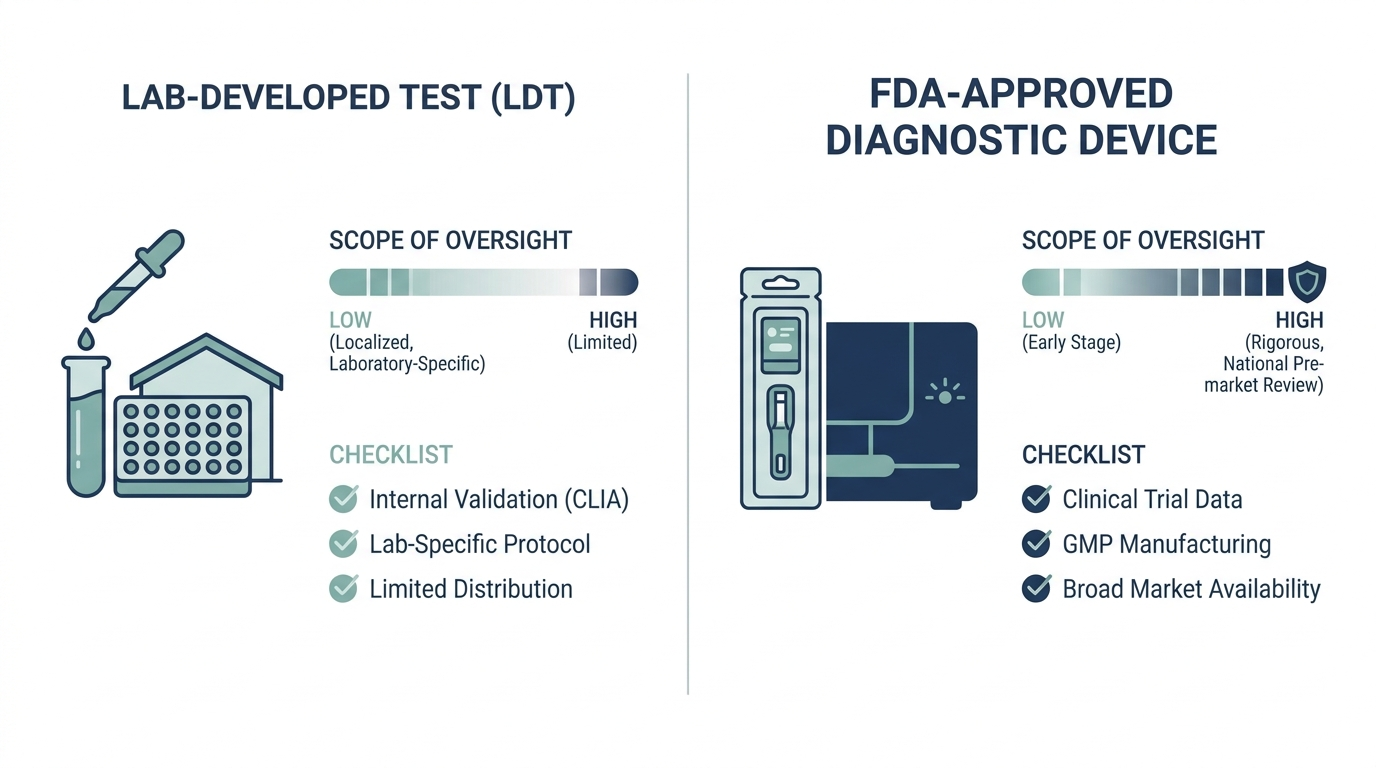 Comparison chart of lab-developed test oversight versus FDA-approved diagnostic device oversight