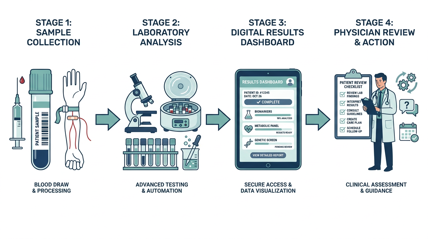 Diagram of the lab membership process: blood draw, lab analysis, digital results dashboard, and physician review