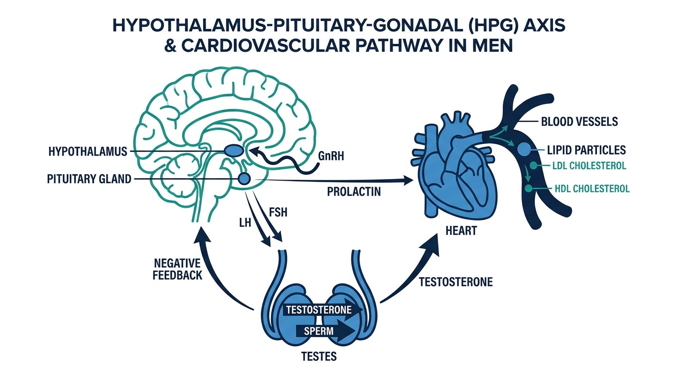 Diagram of the male hormone axis and cardiovascular pathway connecting brain, pituitary gland, testes, and heart