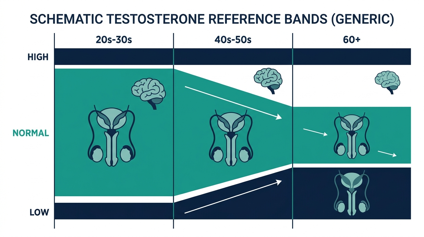 Schematic chart showing testosterone reference bands trending lower across age groups