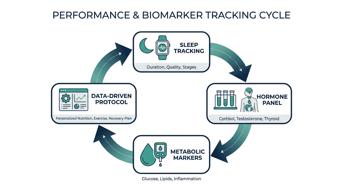 Loop diagram showing sleep tracking, hormone panel, metabolic markers, and data-driven protocol feeding into each other