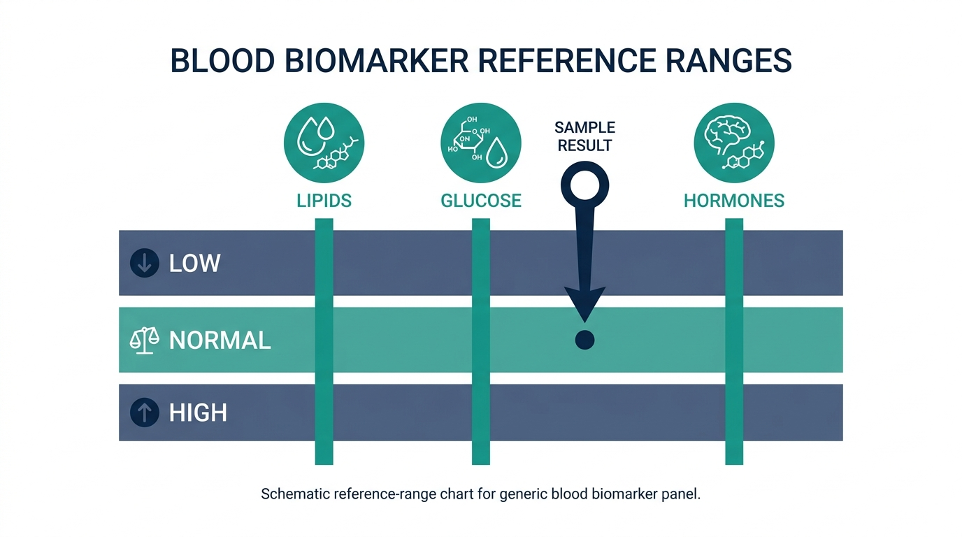 Schematic chart showing low, normal, and high reference bands for a blood biomarker panel