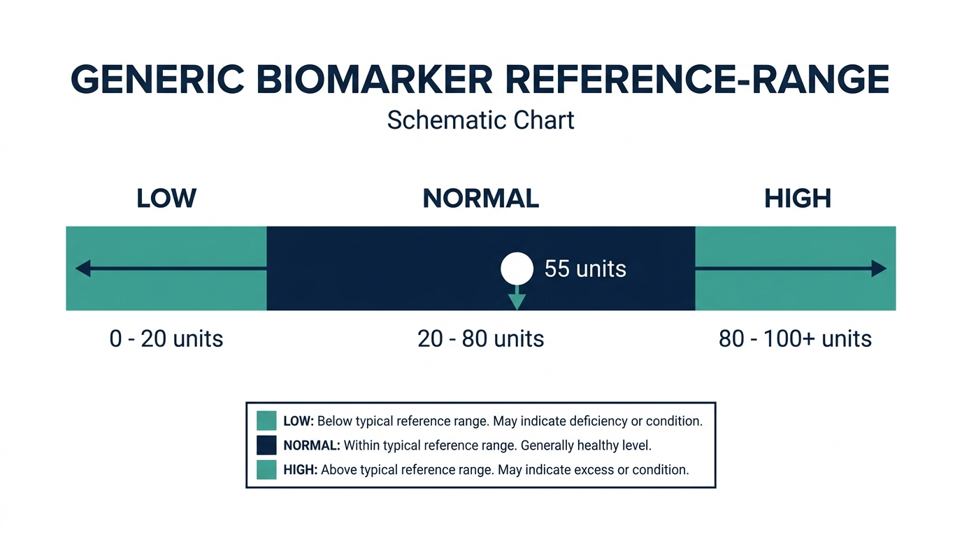 Reference range chart with low, normal, and high bands and a result marker in the normal zone