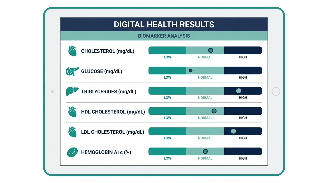 Mockup of a digital results dashboard showing biomarker rows with low, normal, and high colored zones