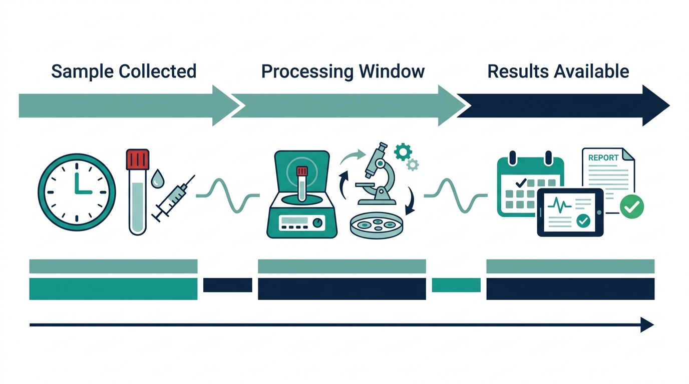 Timeline chart showing sample collection, processing window, and results availability as relative time bands