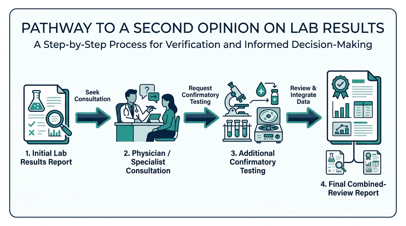Pathway diagram showing steps of getting a second opinion: results, specialist consultation, additional testing, combined review