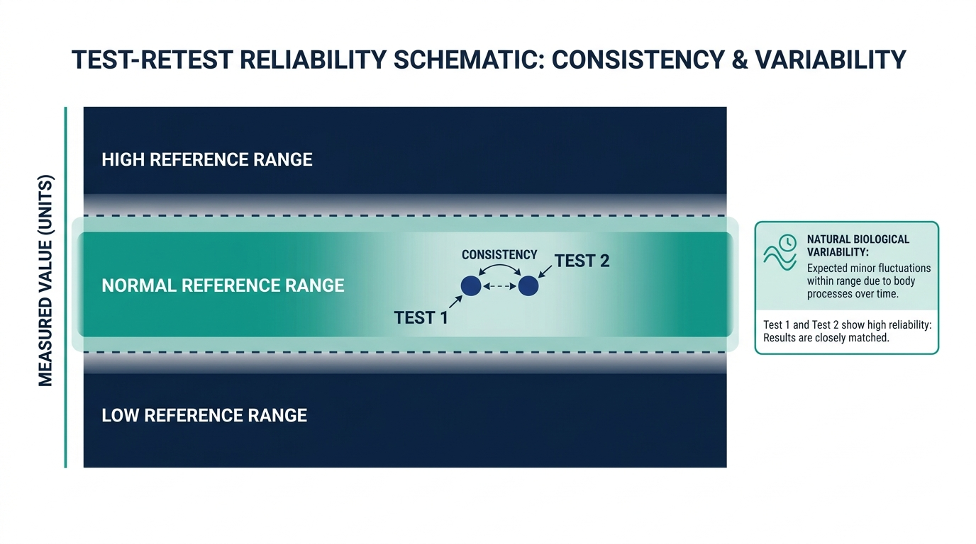 Chart showing test-retest reliability with two closely clustered results within a normal reference band