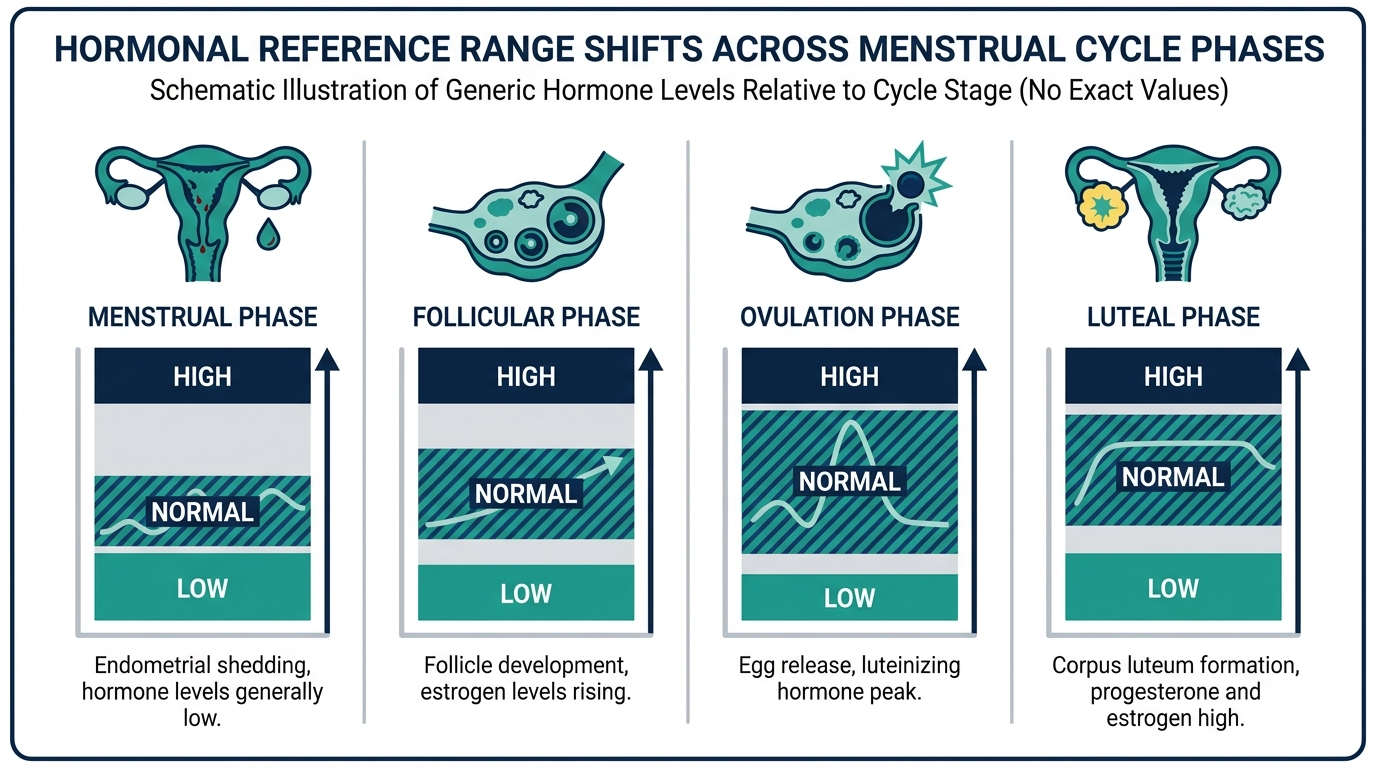 Schematic chart showing how hormone reference bands can shift across menstrual cycle phases