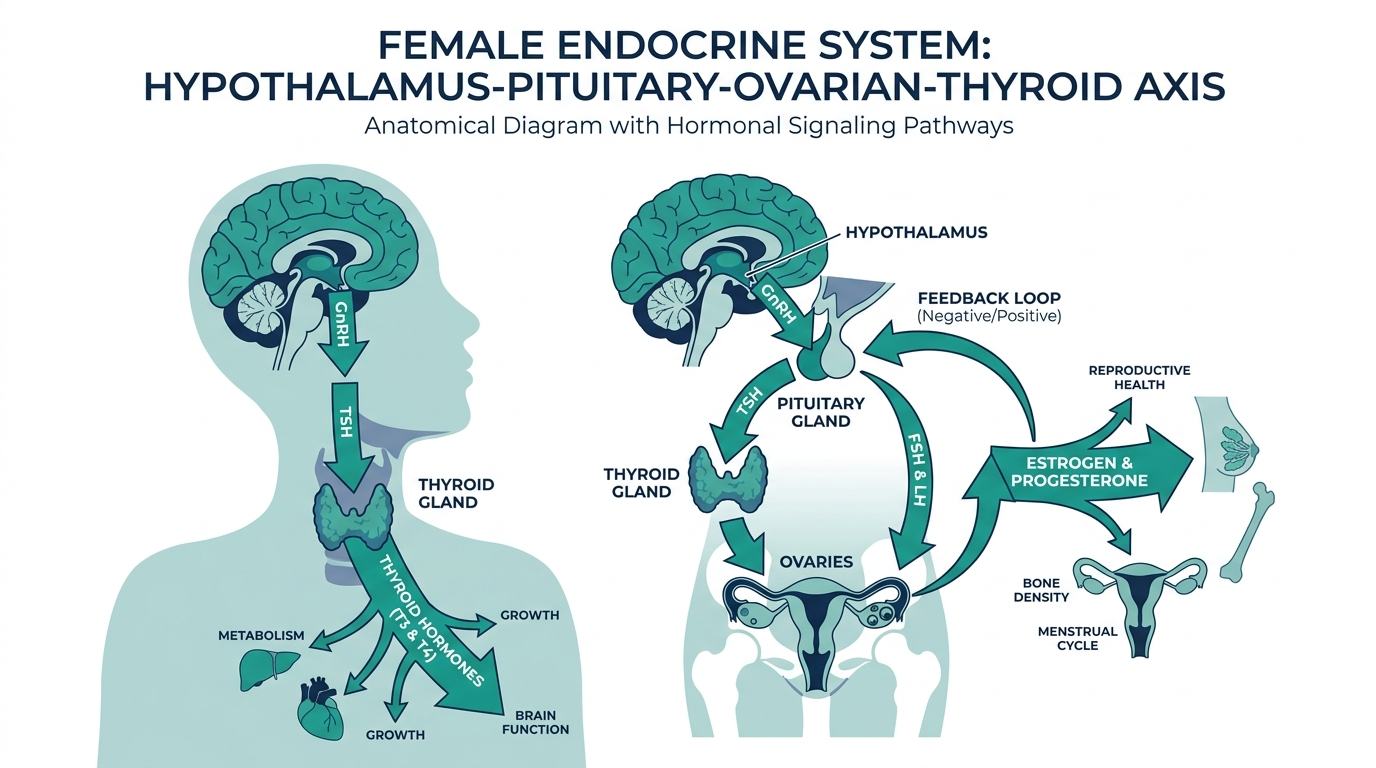 Diagram of the female hypothalamus-pituitary-ovarian-thyroid hormone axis