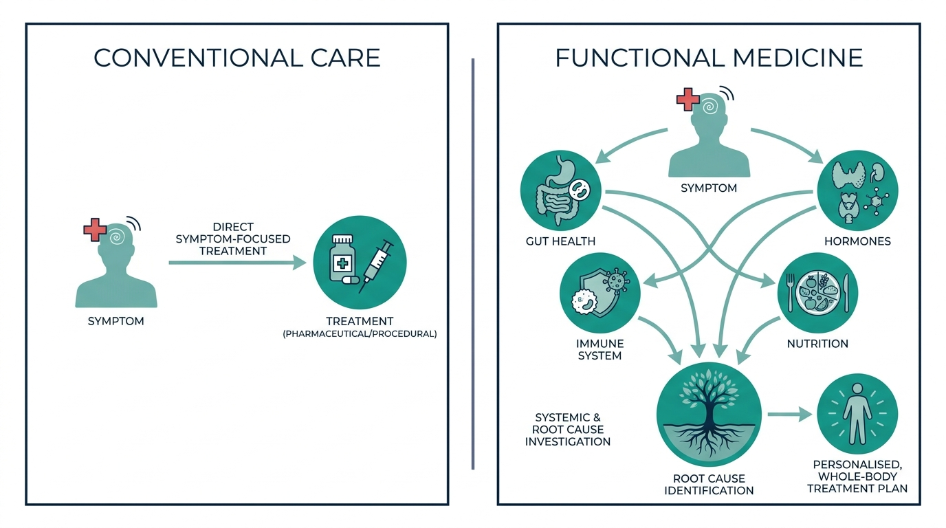 Split diagram comparing conventional care symptom-to-treatment pathway with functional medicine multi-system root-cause pathway