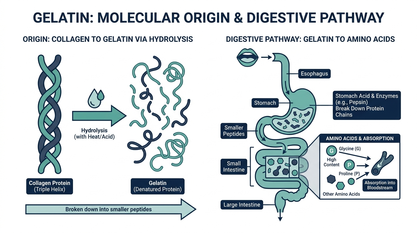 Diagram showing gelatin's origin from collagen protein via hydrolysis and its digestion into amino acids in the stomach and small intestine