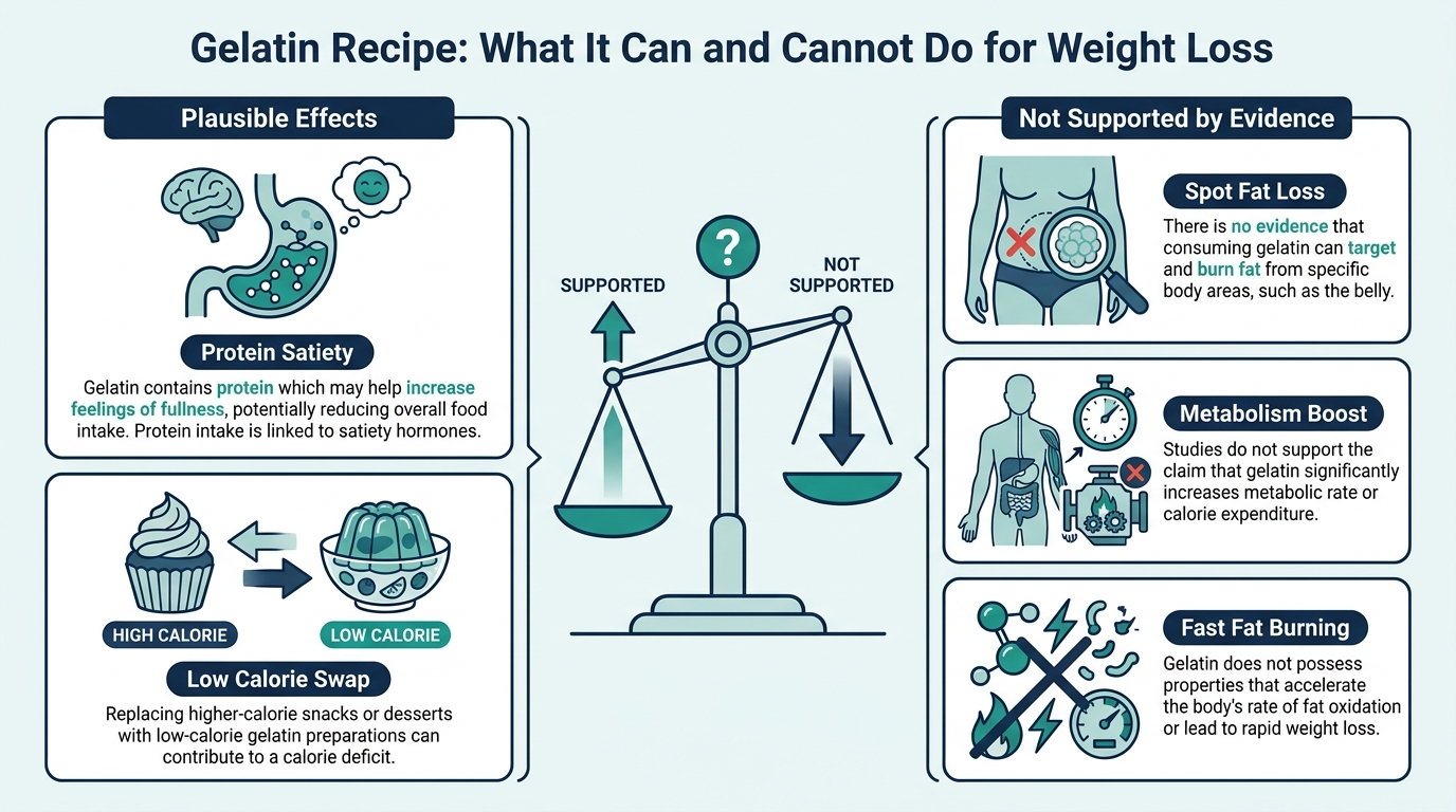 Comparison chart of plausible effects versus claims not supported by evidence for the gelatin weight loss recipe