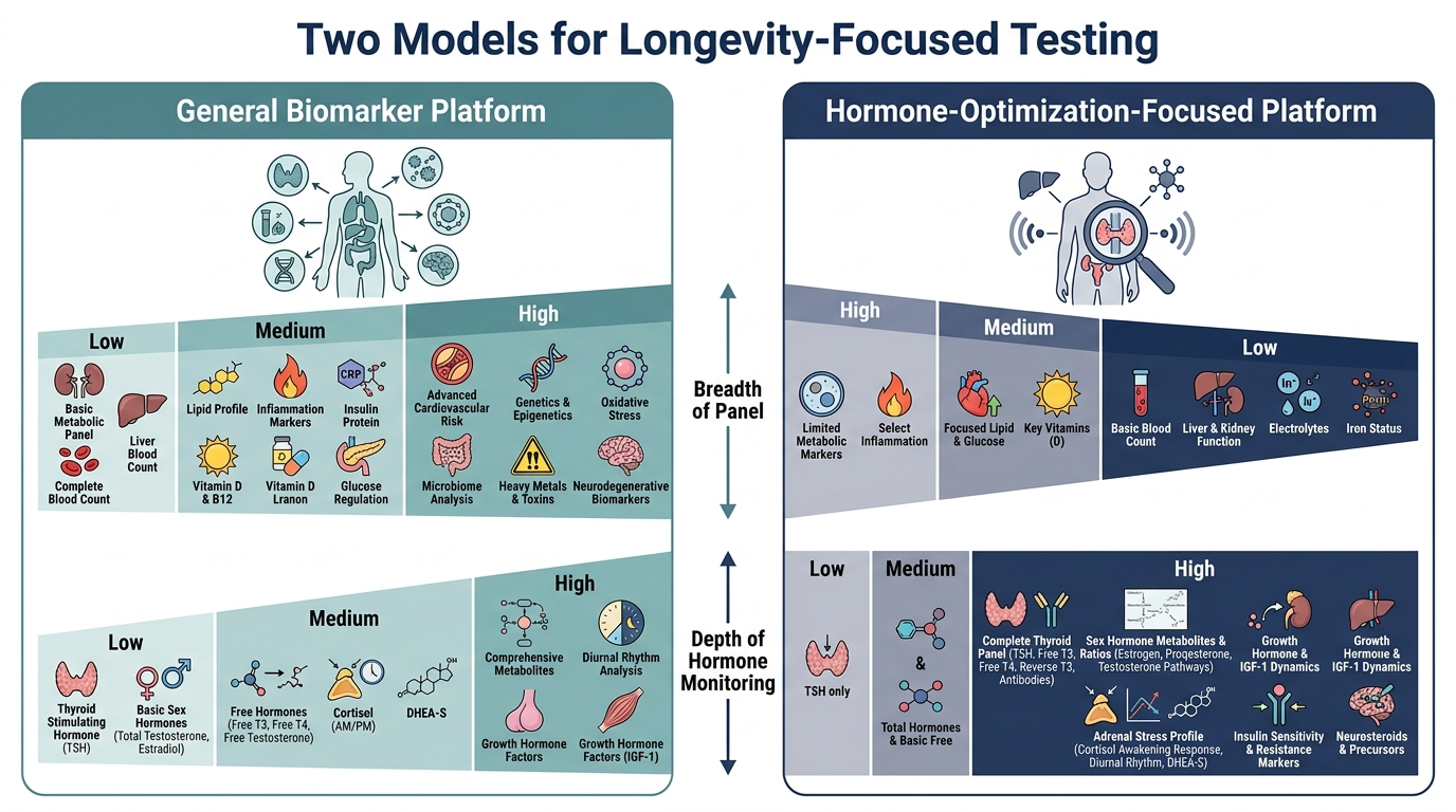 Comparison chart of a general biomarker platform versus a hormone-optimization-focused platform for longevity testing