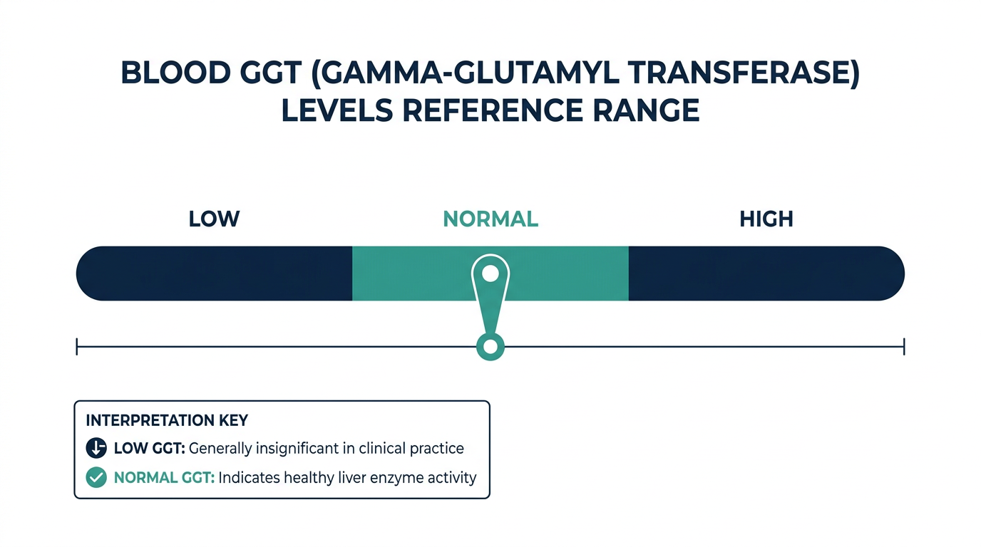 Schematic reference range chart showing low, normal, and high bands for blood GGT levels