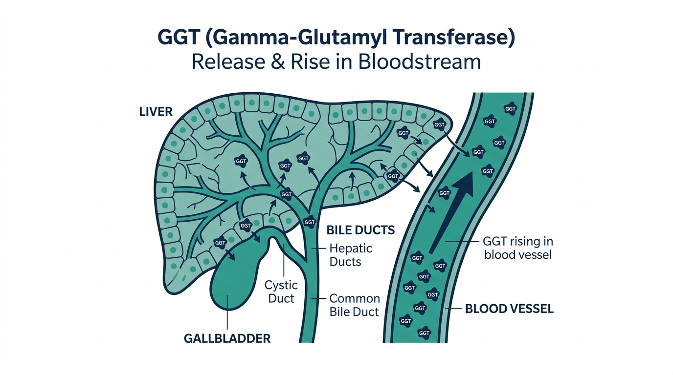 Diagram of GGT enzyme release from the liver and bile ducts into the bloodstream