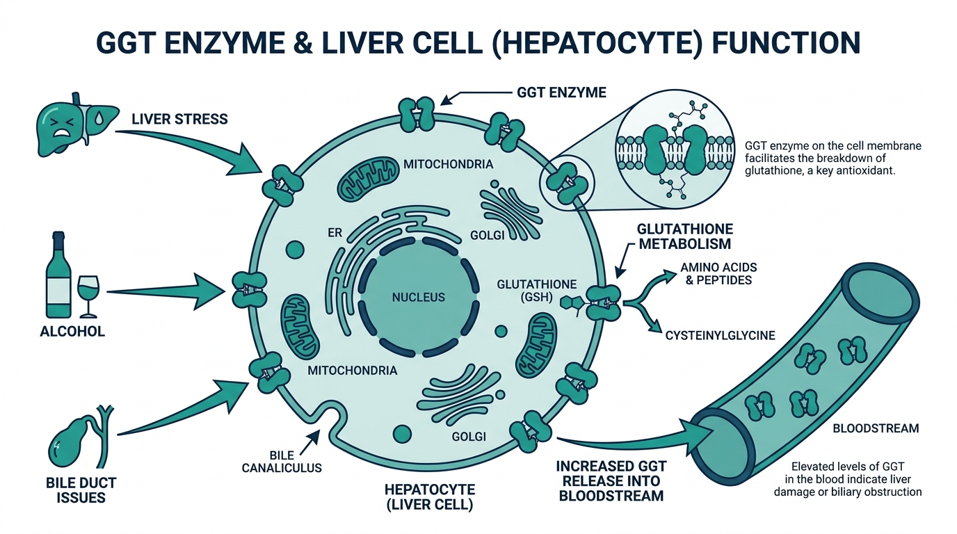 Diagram of a liver cell showing the GGT enzyme and how liver stress, alcohol, or bile duct issues raise GGT release into blood