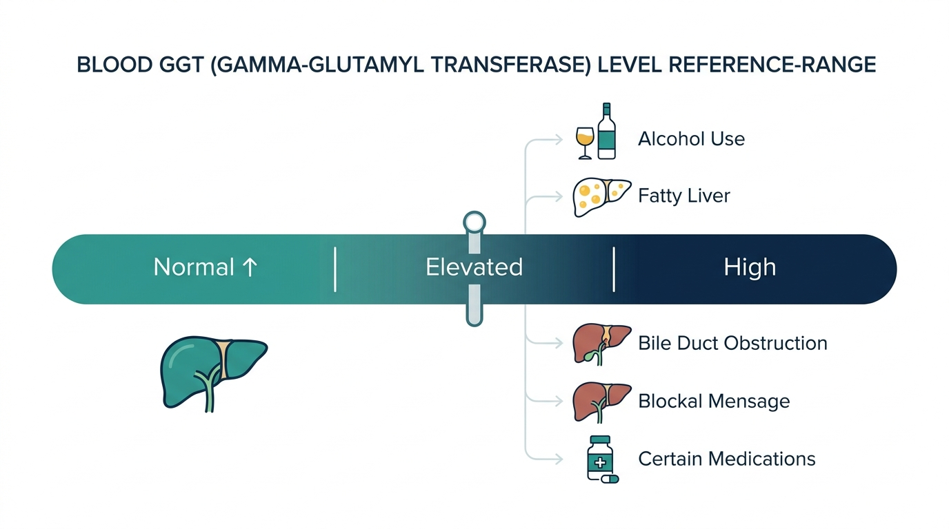 Reference range chart showing normal, elevated, and high GGT bands with common causes