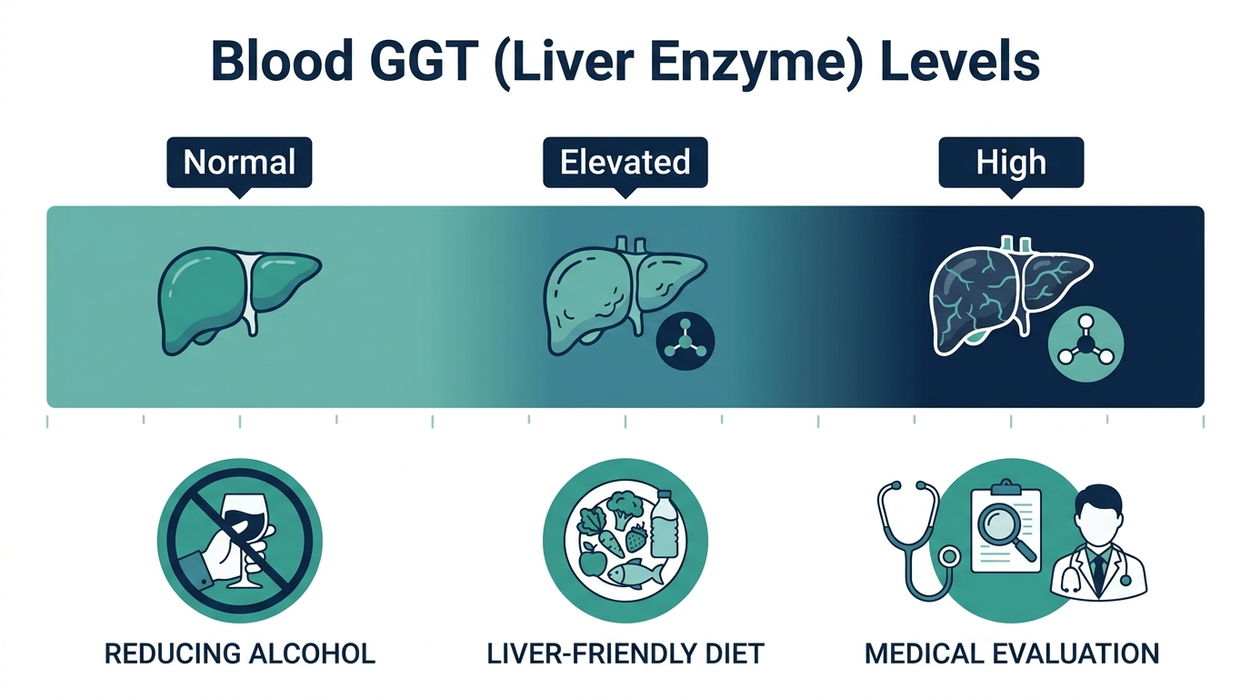 Schematic chart of normal, elevated, and high GGT bands with icons for reducing alcohol, liver-friendly diet, and medical evaluation