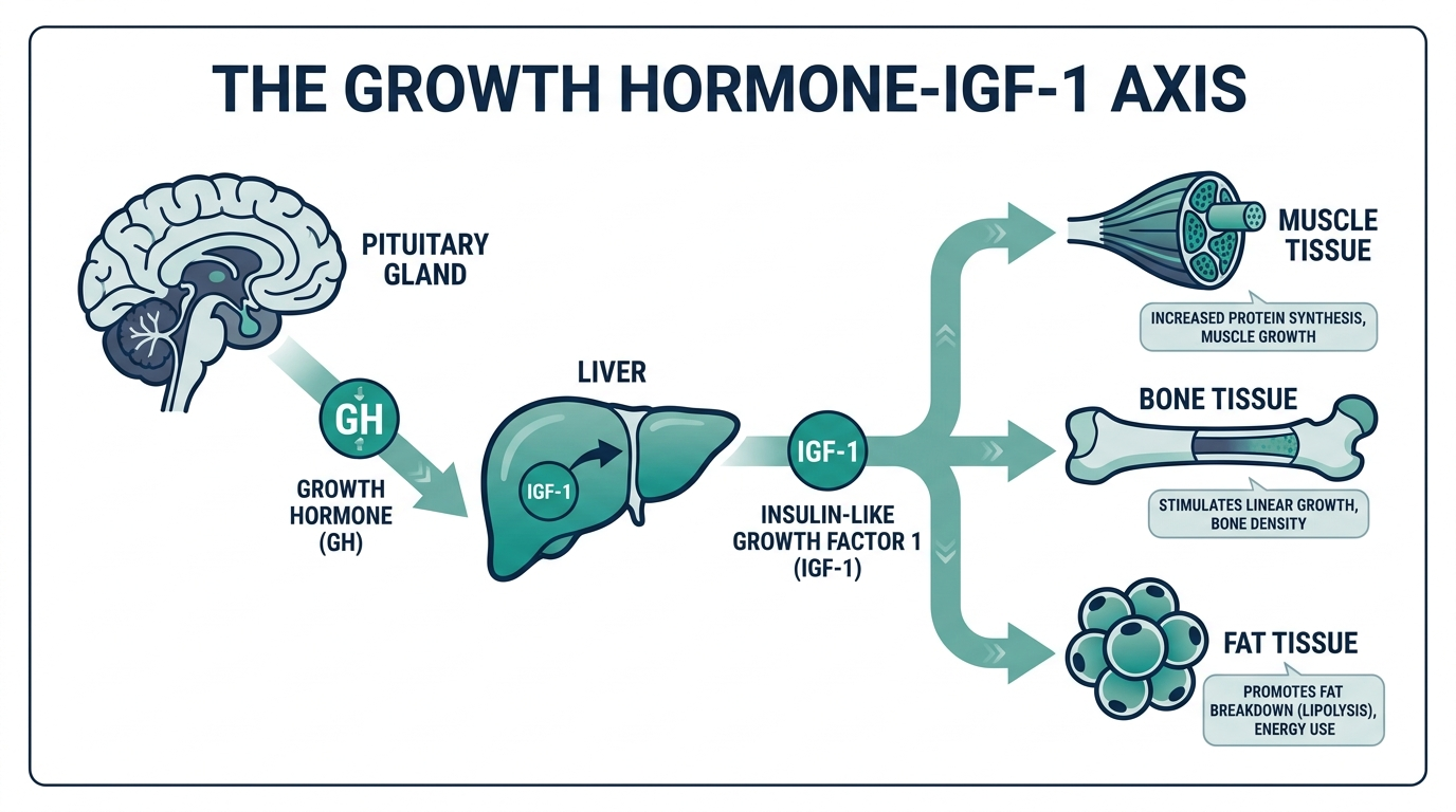 Diagram of the growth hormone-IGF-1 axis showing the pituitary gland, liver, and effects on muscle, bone, and fat tissue