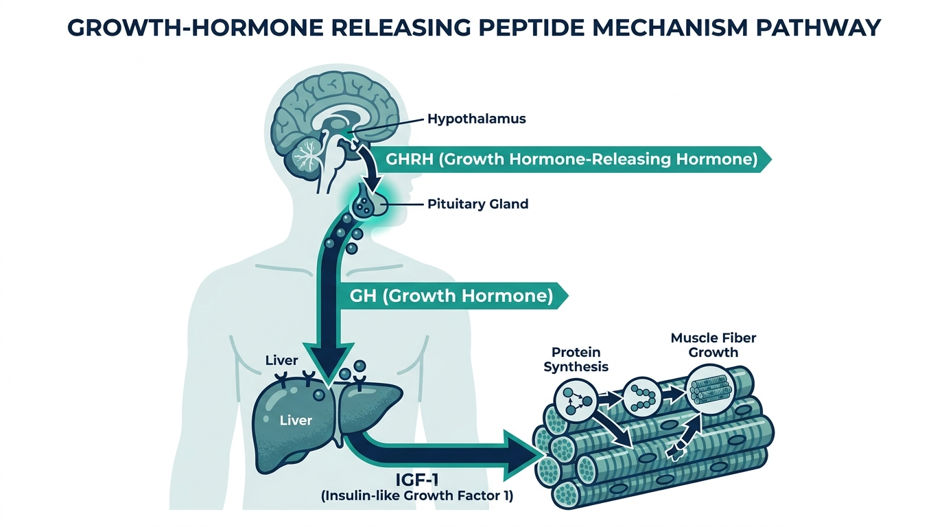 Diagram of the growth-hormone releasing peptide pathway from hypothalamus to pituitary to liver IGF-1 to muscle protein synthesis