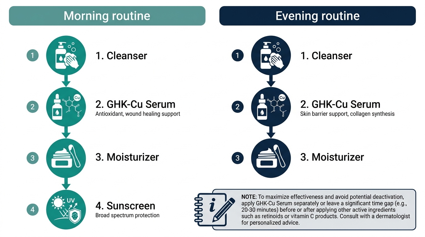 AM and PM skincare layering order chart showing where GHK-Cu serum fits among cleanser, moisturizer, and sunscreen