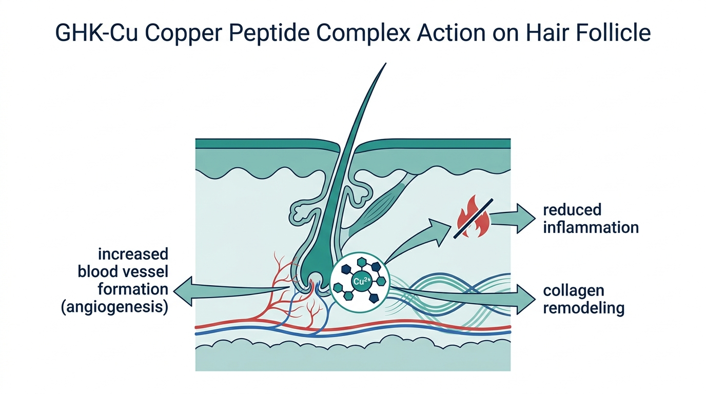 Diagram of GHK-Cu copper peptide acting on a hair follicle to increase blood vessel formation and reduce inflammation