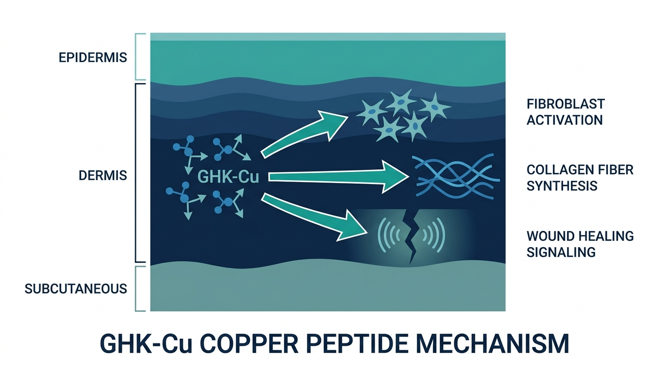 Cross-section diagram of skin layers showing GHK-Cu copper peptide mechanism on collagen synthesis
