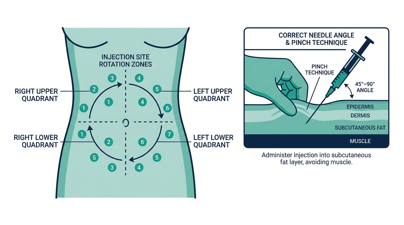 Diagram of abdominal injection site rotation zones and correct subcutaneous needle angle technique