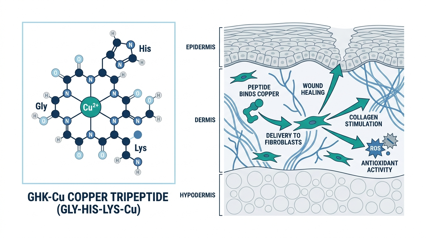 Diagram of GHK-Cu copper tripeptide structure and its mechanism in skin, delivering copper to fibroblasts