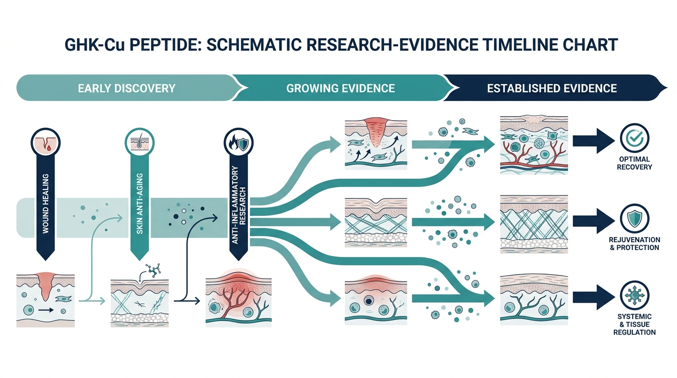 Schematic timeline chart of GHK-Cu research evidence from early discovery to established evidence