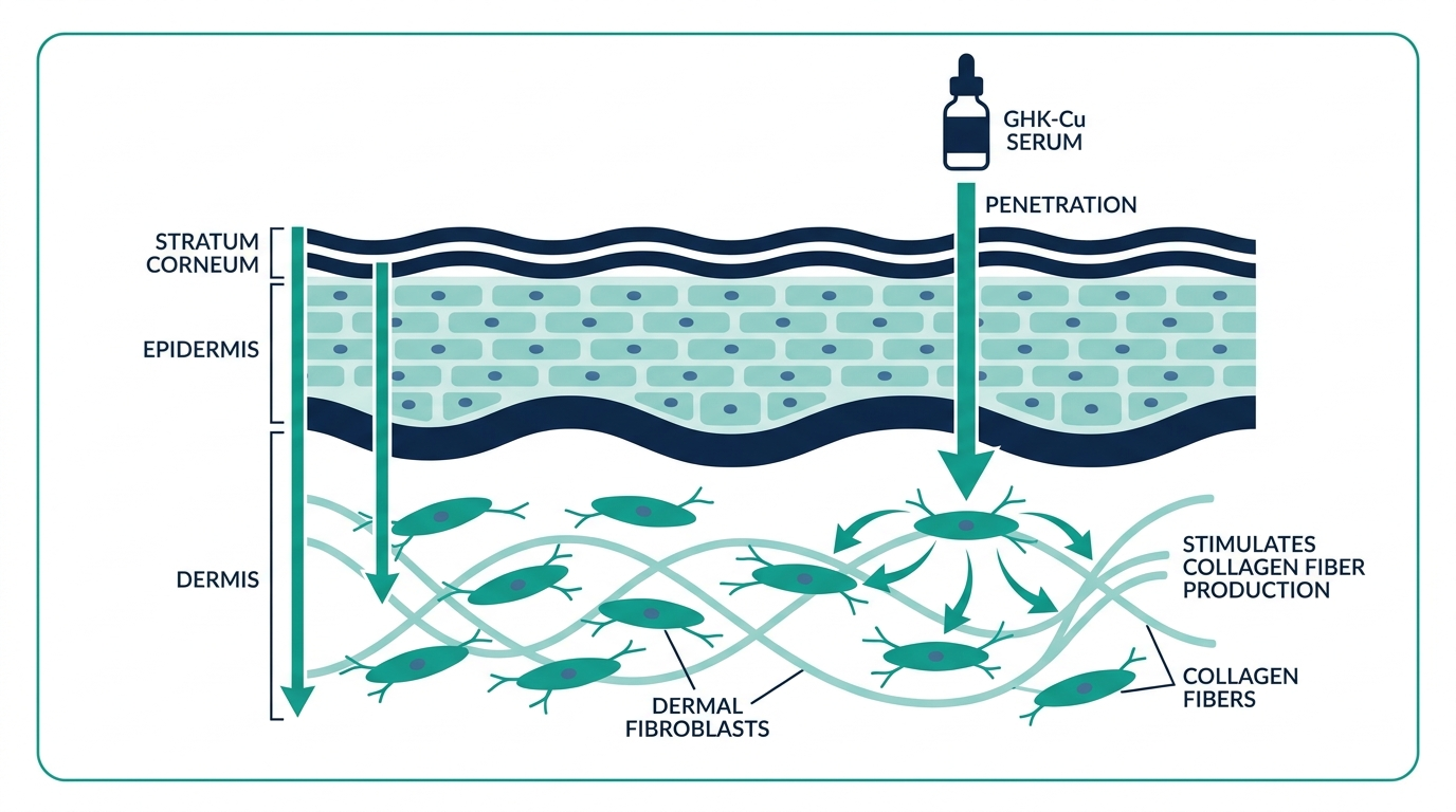 Cross-section skin diagram showing topical GHK-Cu serum penetrating to dermal fibroblasts and stimulating collagen