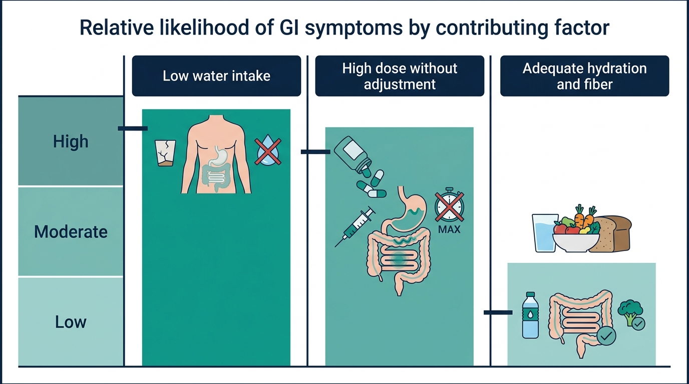 Chart comparing relative likelihood of GI symptoms across low water intake, high dose without adjustment, and adequate hydration and fiber
